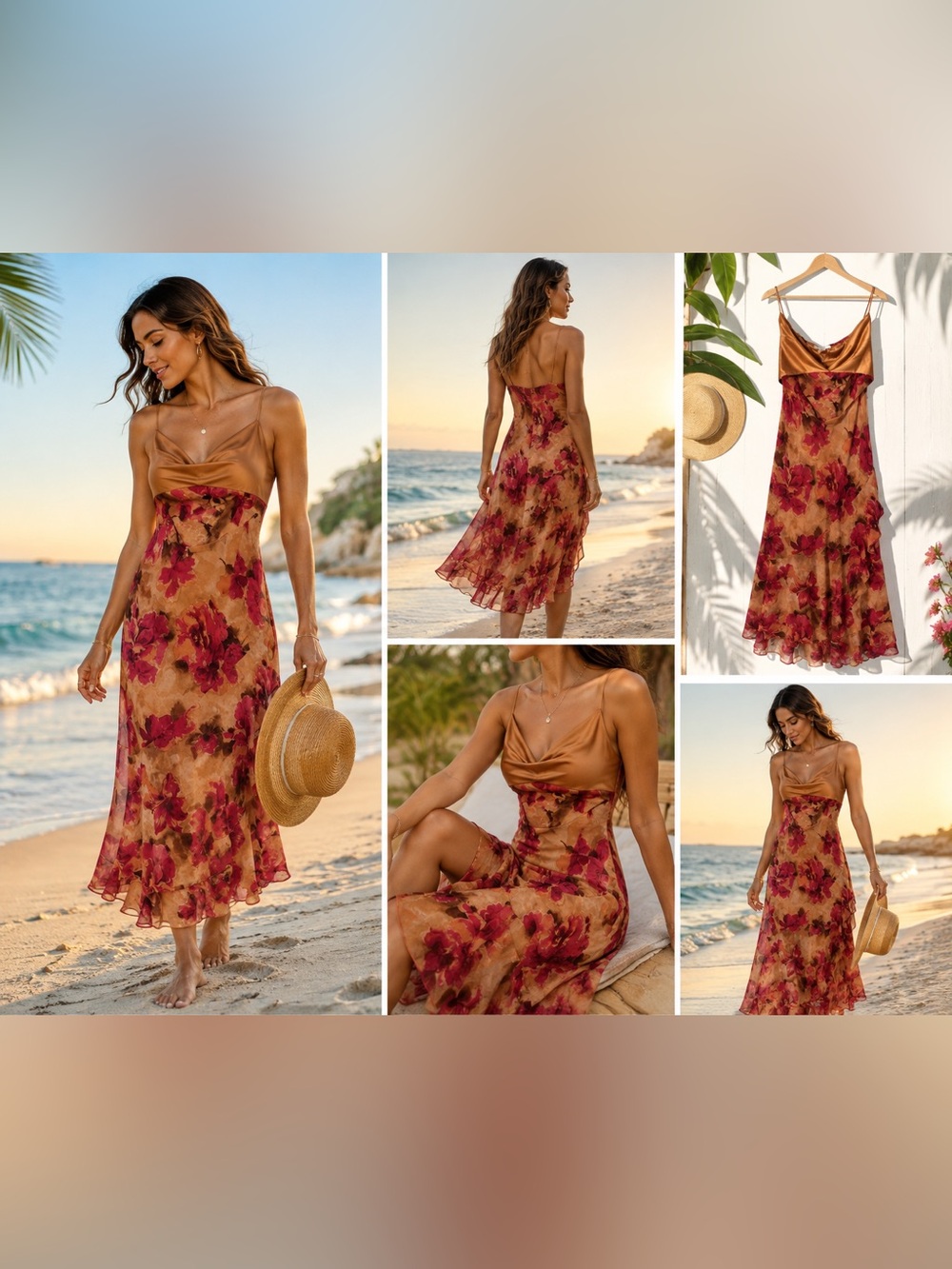 Jessica Simpson Floral Slip Midi Dress in Tan and Berry